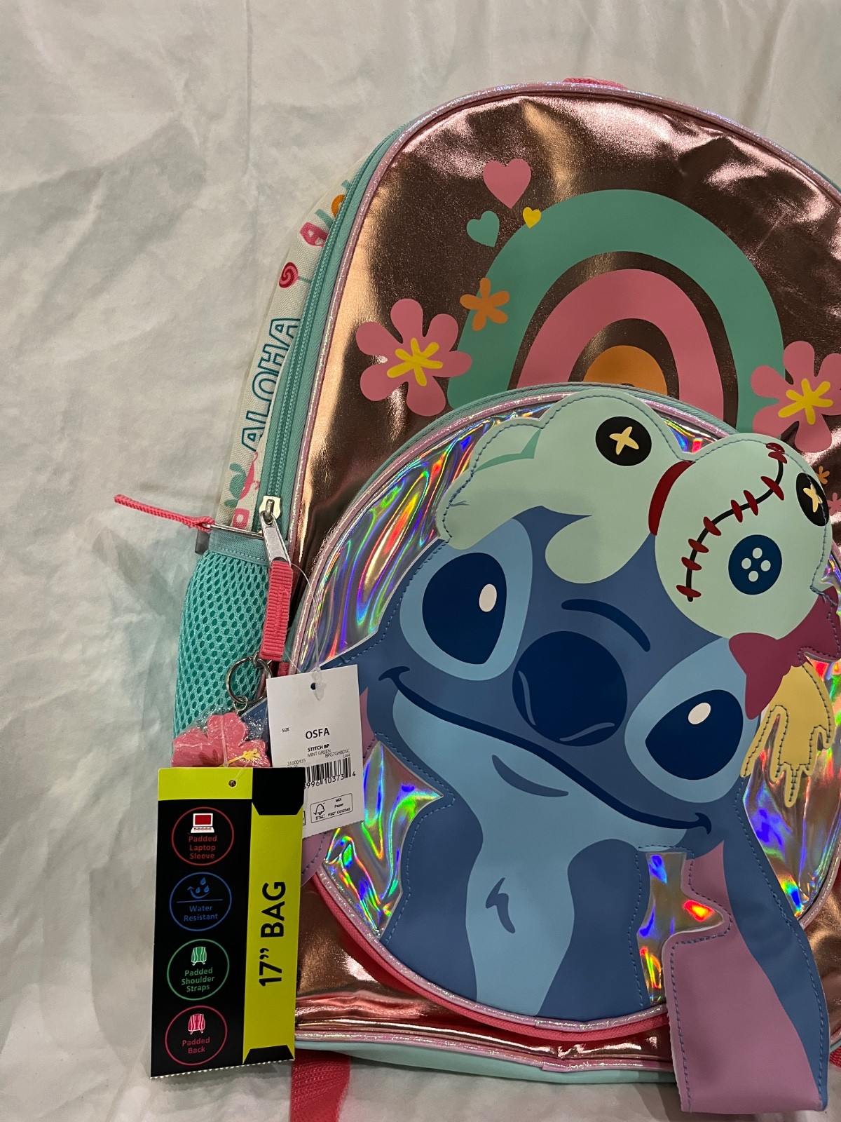 Disney Lilo & Stitch Girls' 17" Iridescent Rainbow Scrump Backpack NEW