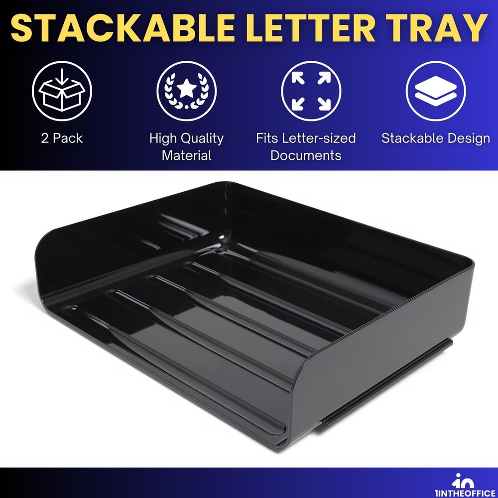 2-Tier Letter Tray Desk Organizer, Stackable, Side Load, Black, 2 Pack