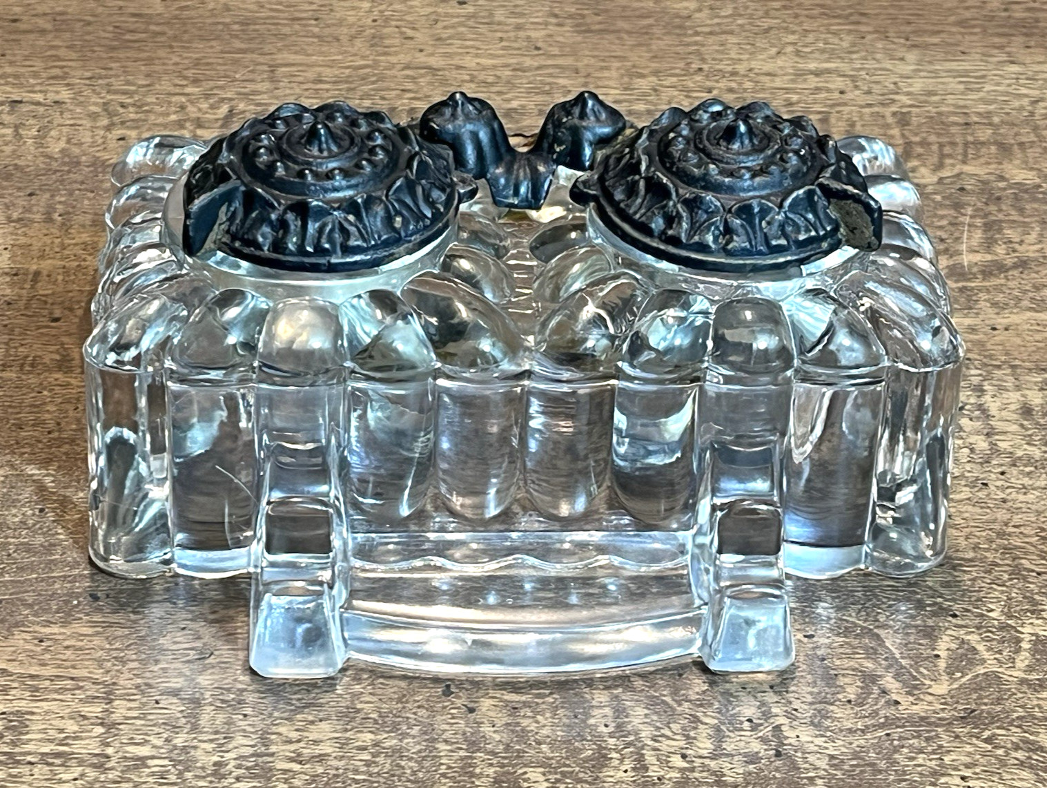 Antique "Tatum" Double Inkwell Pressed Glass w/Cast Iron Swivel Lids 1878-1900