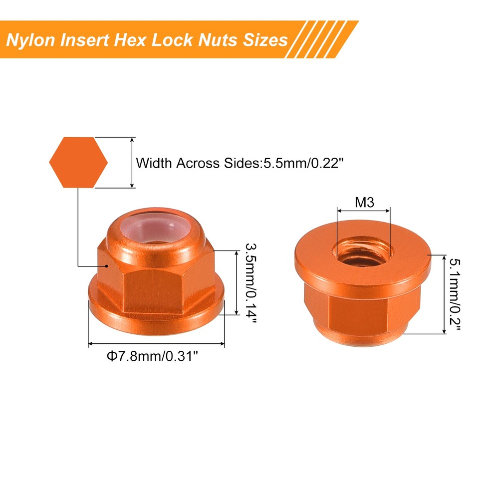 Nylon Insert Hex Lock Nuts, 8pcs - M3x0.5mm Self-Locking Nut(Orange)