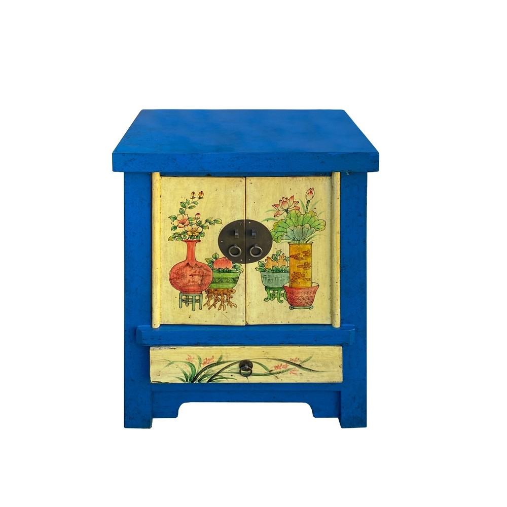 Chinese Rustic Bright Blue Yellow Graphic End Table Nightstand cs7421