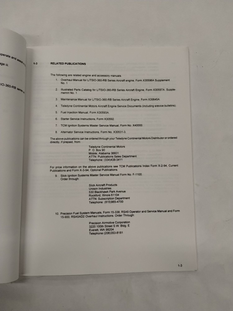 Continental Aircraft Engine Model L/TSIO-360-RB Operation & Installation Manual