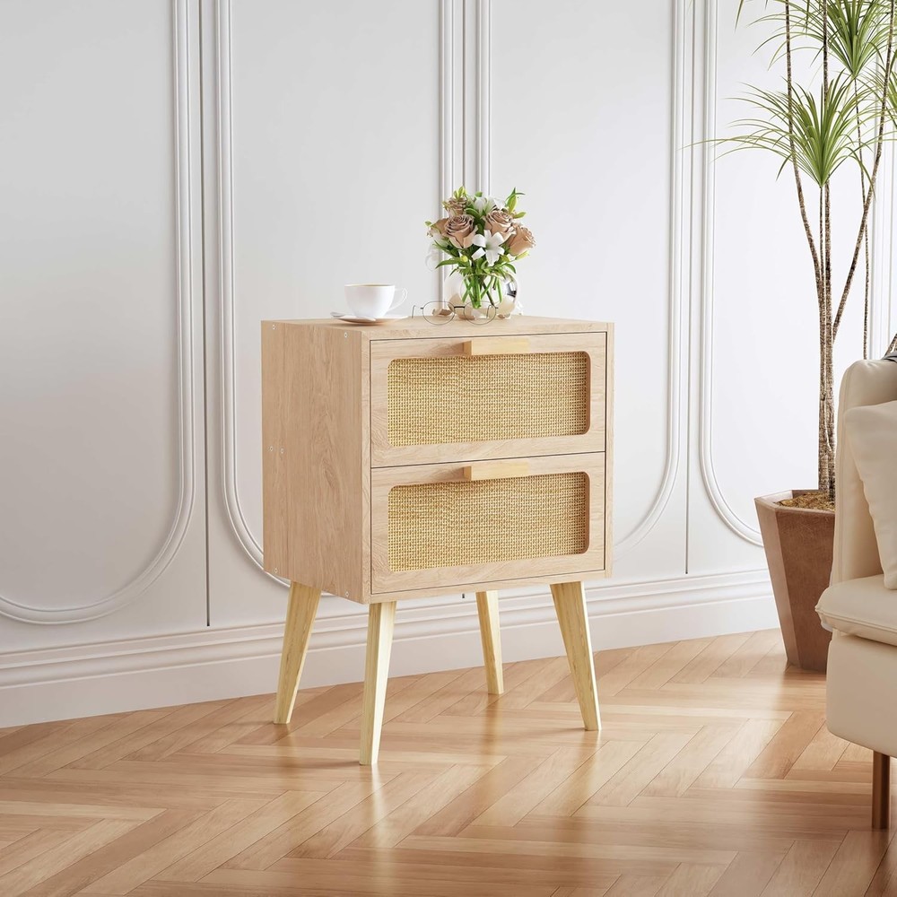 Rattan Nightstand,Boho Bedside with Storage,End Table,Side - Natural