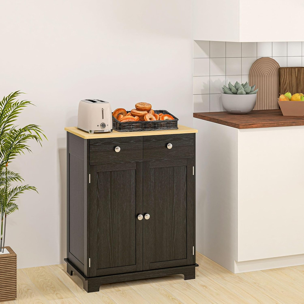 Modern Distressed Black Sideboard Buffet Cabinet with Solid Wood Top & Storage