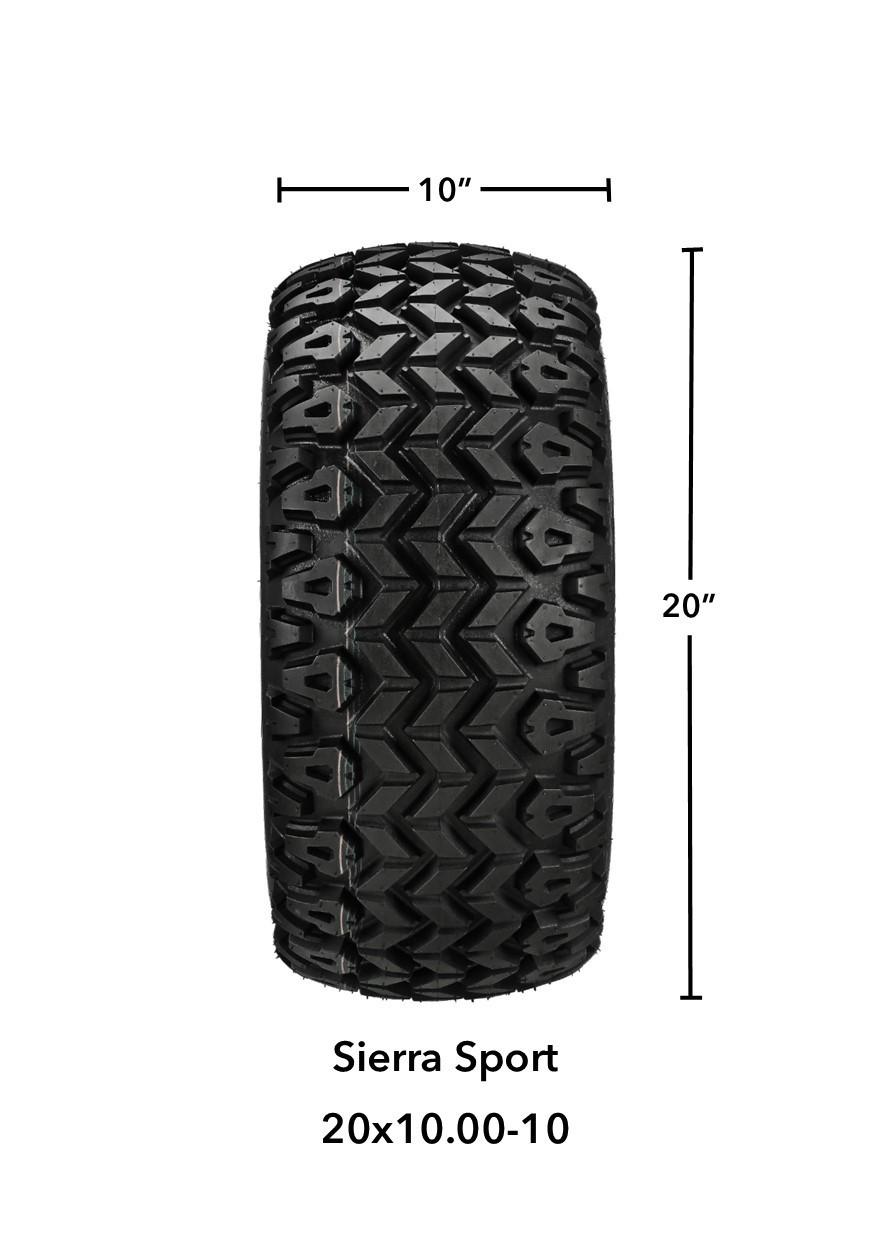 (4) Golf Cart 20x10-10 Sierra Sport A/T Tires on 10x7 Flat Black Steel Wheels