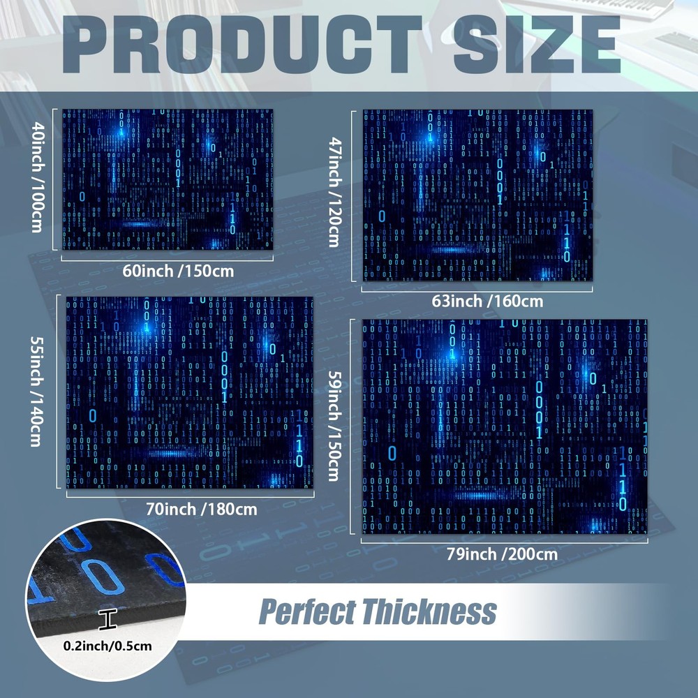 Washable Game Area Rug, Blue Binary Code Design Gaming Programmer Teen Carpet Ru