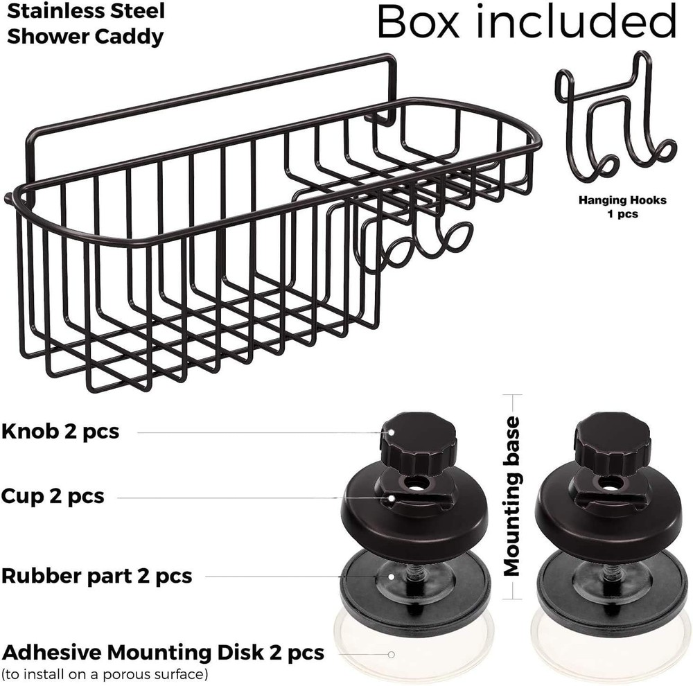 Space-Saving Black Shower Caddy with Suction Mount - Strong & Rustproof Design