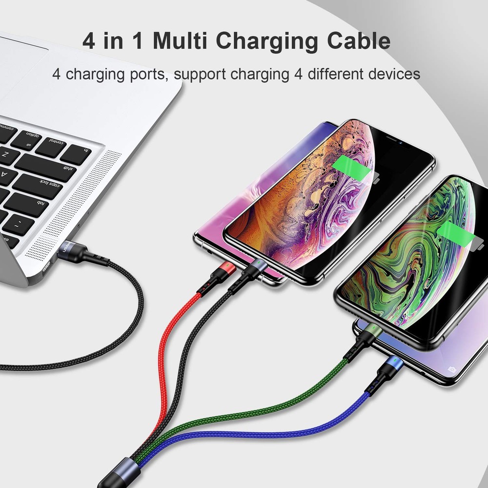 USAMS 2Pack Multi Charging Cable Nylon Braided Short 1FT 4 1ft, Multicolored