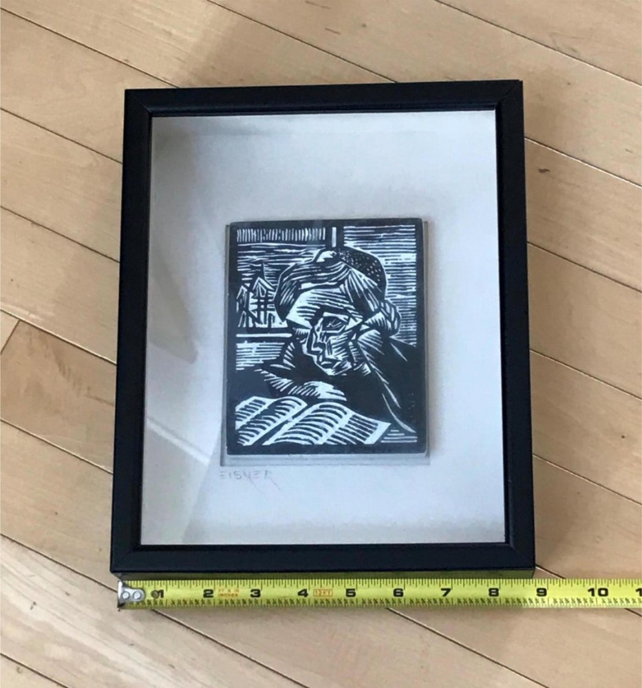 Boy Reading Carved Woodblock Mounted in Shadowbox by Jack Eisner Signed