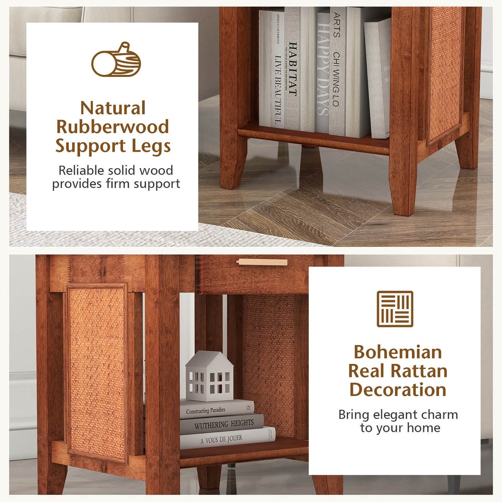 Boho Style Nightstand 3-Tier Sofa Side End Table w/ Drawer & Shelf Walnut