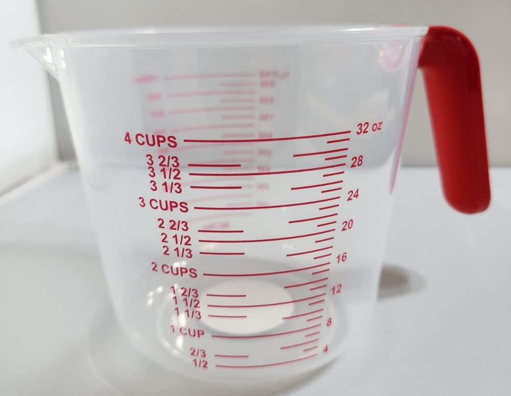 2 PACK Clear Plastic 4 Cup Measuring Cup with Red Handle – 32 oz Kitchen Measure