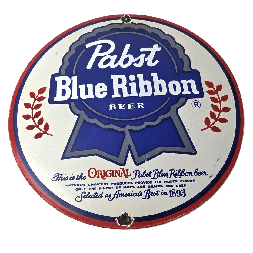 Vintage Pabst Blue Ribbon Beer Porcelain Sign - Ribbon Badge Logo Sign