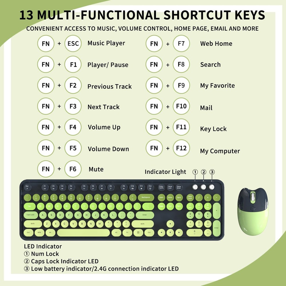 Wireless Keyboard and Mouse Retro Typewriter Round Keycaps Gray Green