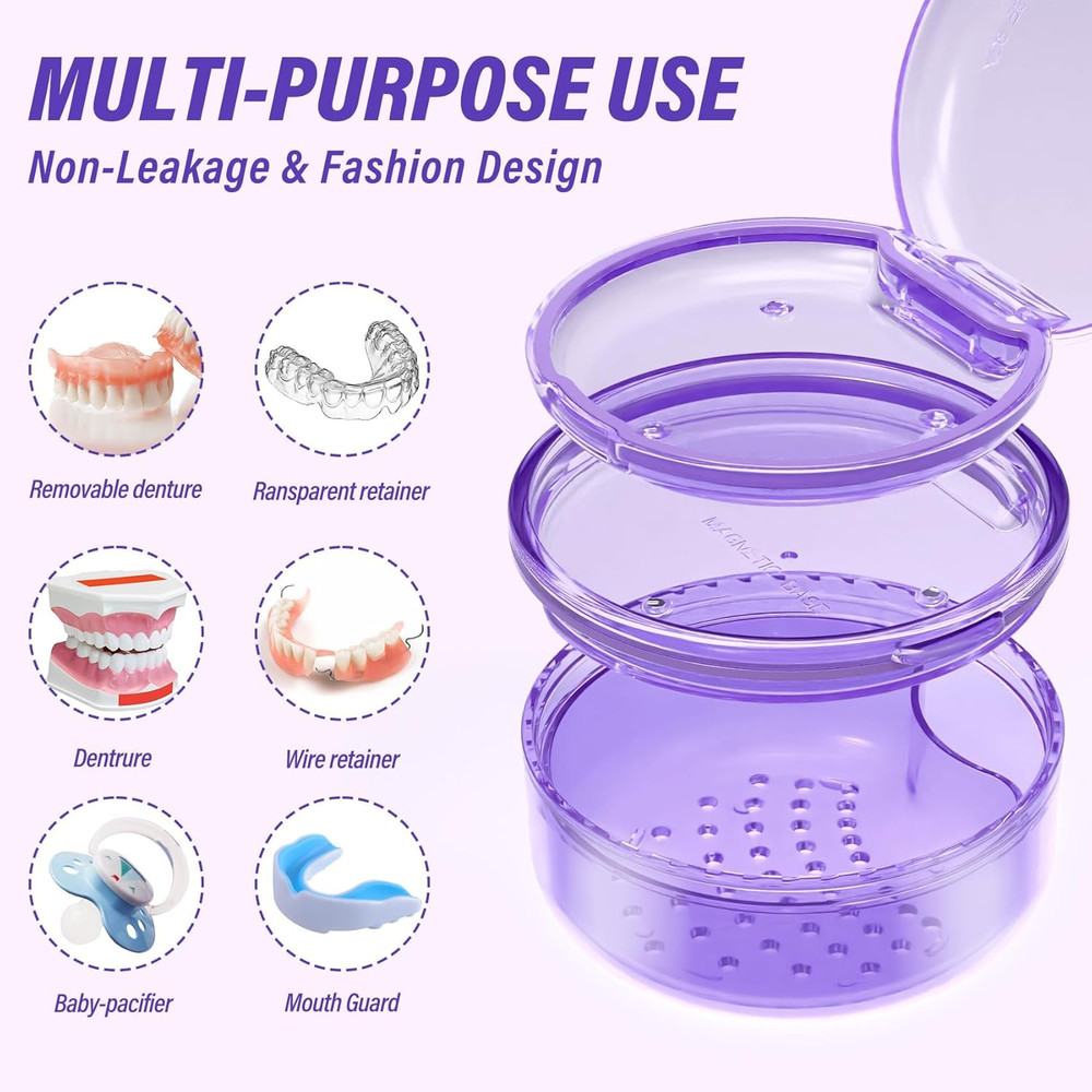 Denture Case, 2PCS Retainer Case with Strainer Basket, 2 in 1 Denture Bath Case