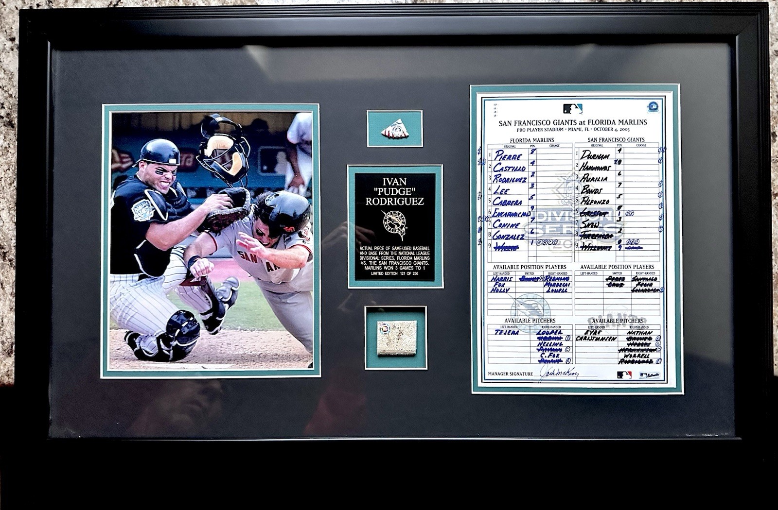 Ivan Rodriguez Florida Marlins Game-Used 1983 NLDS Base & Ball Framed Display