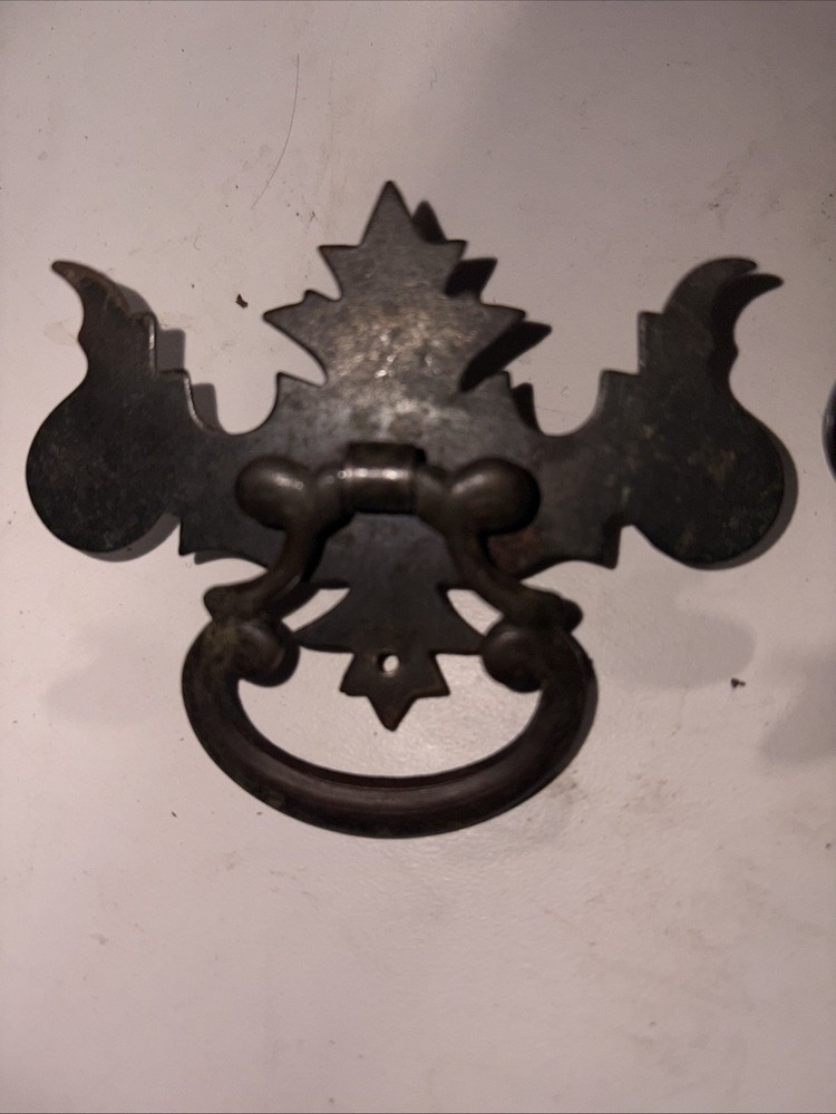 3 Antique Brass Shield Drop Handles Pulls 3”