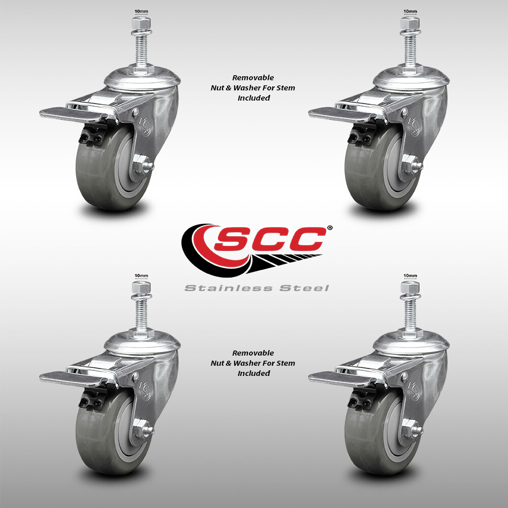 3 Inch SS Gray Polyurethane 10mm Threaded Stem Caster Set Total Lock Brake