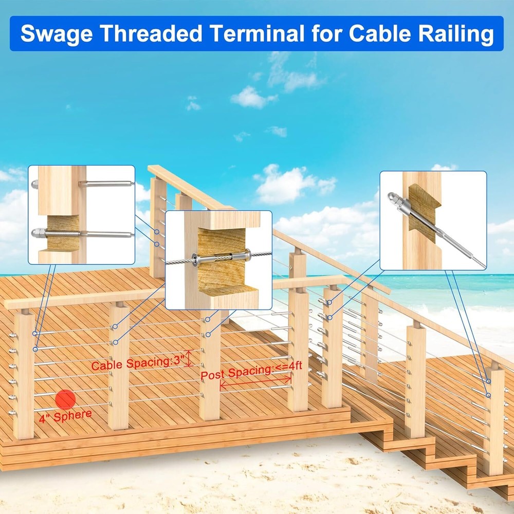 10 Pack Cable Railing Swage Threaded Stud Tension End Fitting Terminal Fits 1/8"