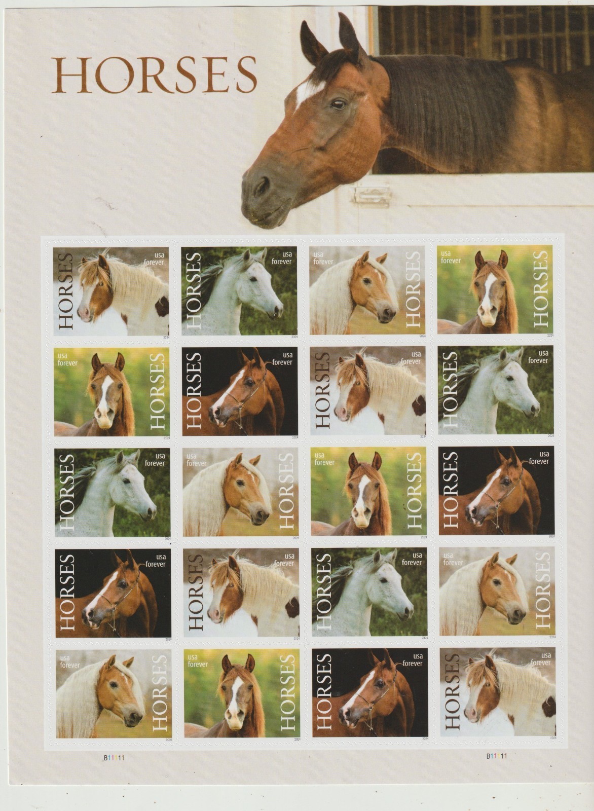 USPS Horses sheet of 20 1 ounce letter rate stick on stamps sent from OKC, OK