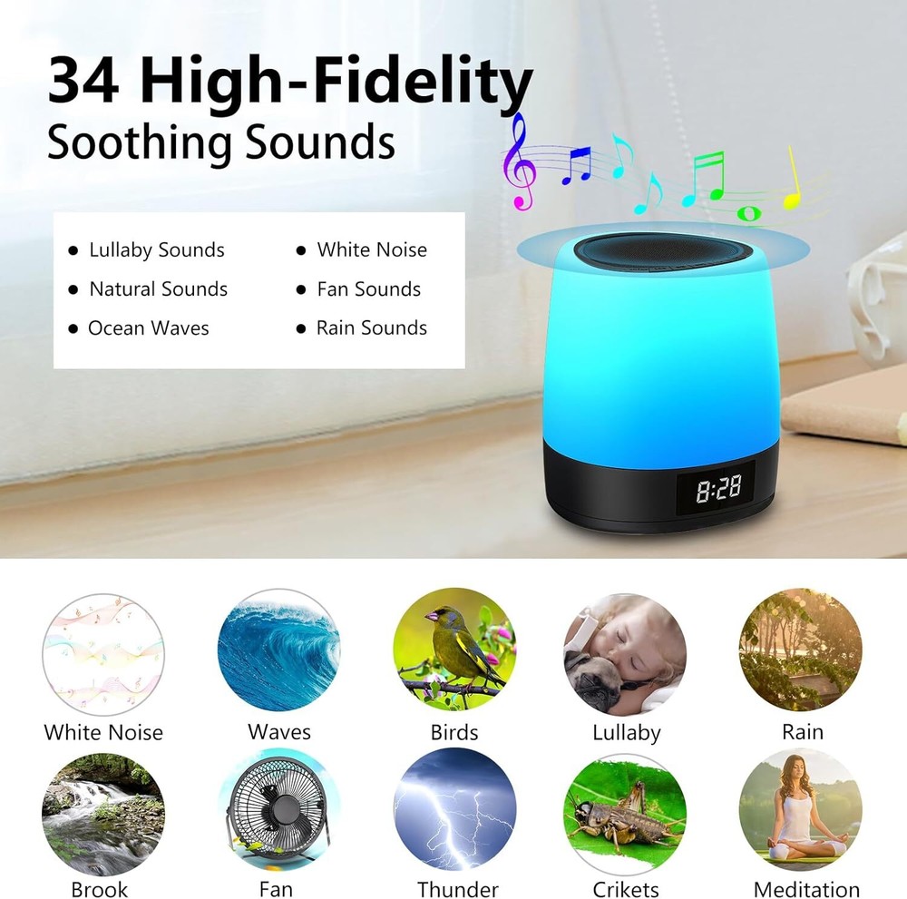 White Noise Sound Machine with Alarm Clock, Timer, Night Light, Bluetooth - NEW