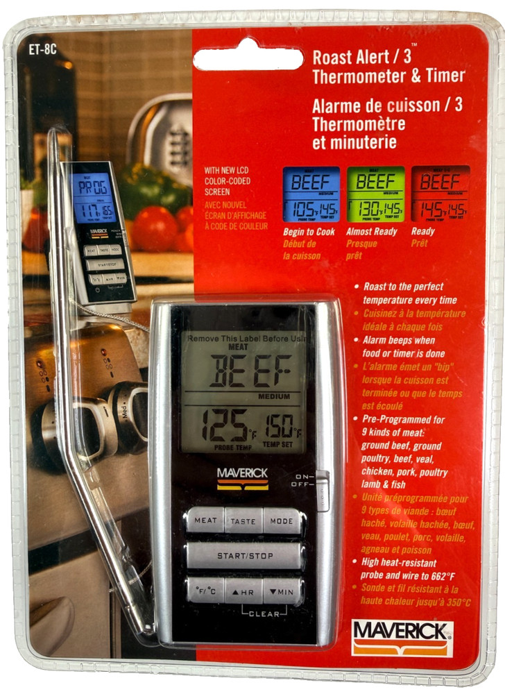 Maverick Roast Alert Thermometer & Timer with LCD Color Coded Screen - BRAND NEW