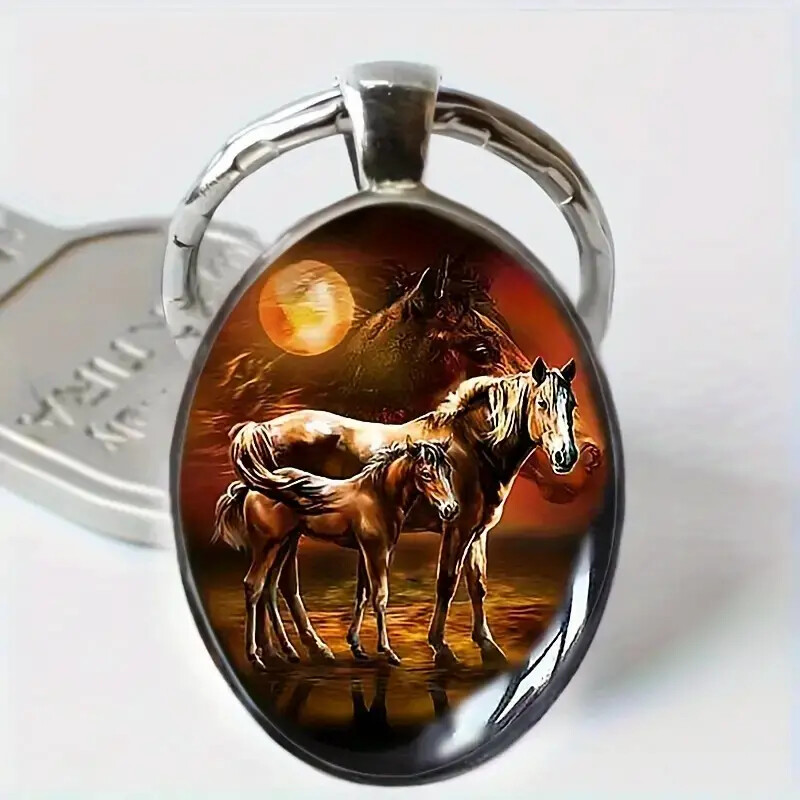 Cool Horse Pattern Oval Cabochon Pendant Keychain