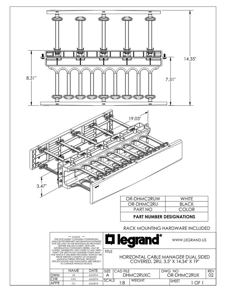 LEGRAND ORTRONICS OR-DHMC2RU DOUBLE SIDED HORIZONTAL CABLE MANAGER, RACK MOUNT