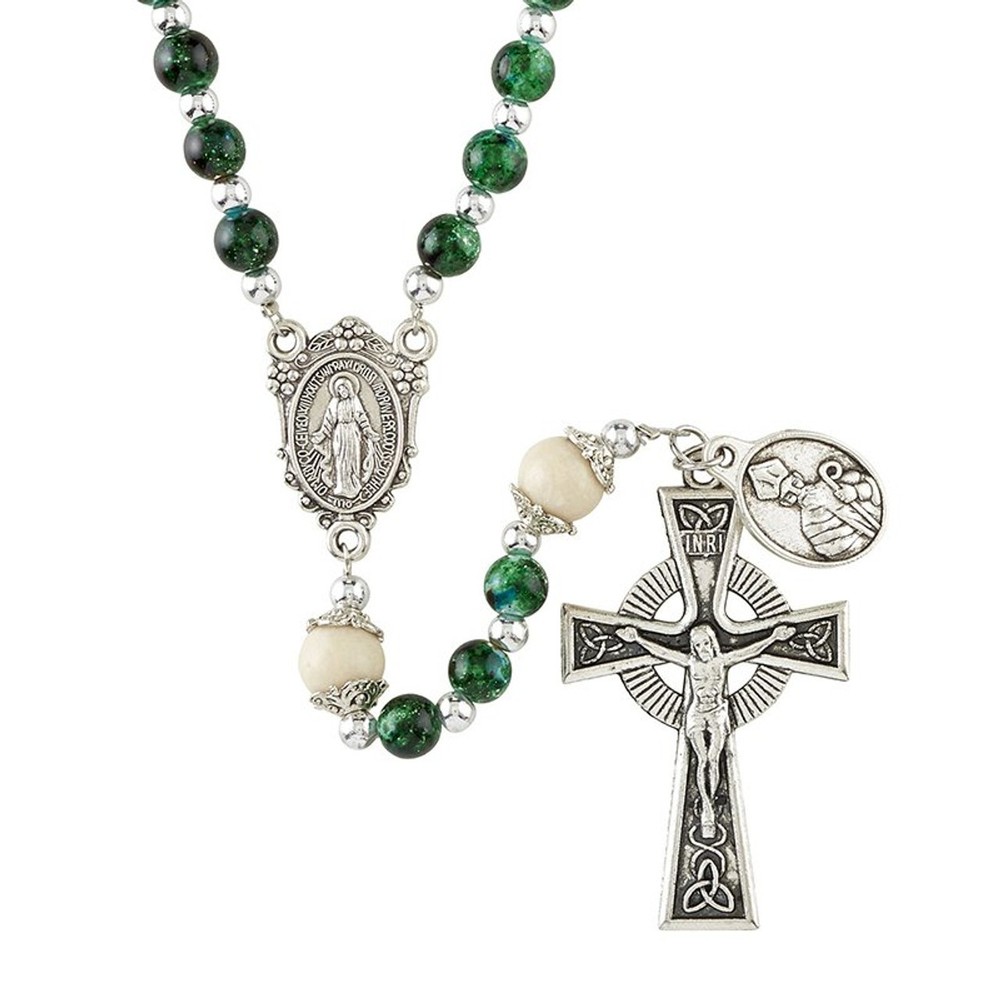 St Patrick Green Marbled Rosary with Celtic Cross Irish Celtic Prayer Beads