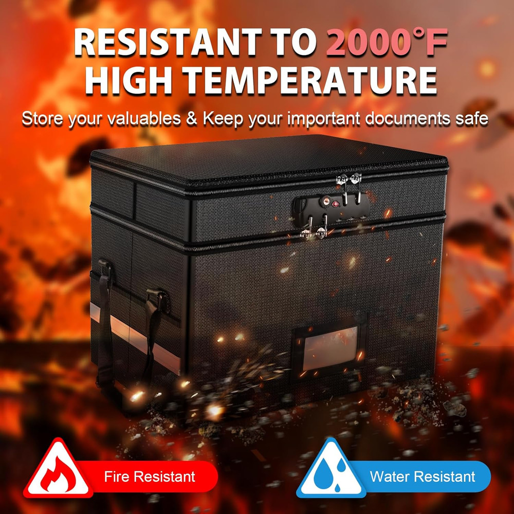 Fireproof Document Box with Lock, 2 Layer Fire Proof File Box for Documents with
