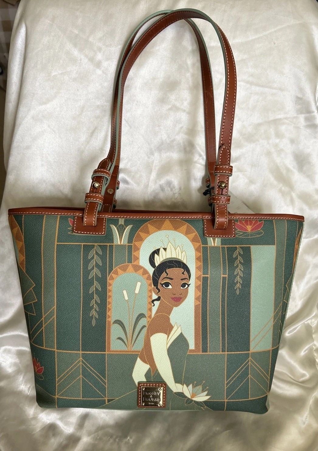NEW TAGS DISNEY PARKS DOONEY BOURKE PRINCESS TIANA GREEN/BROWN LEATHER TOTE