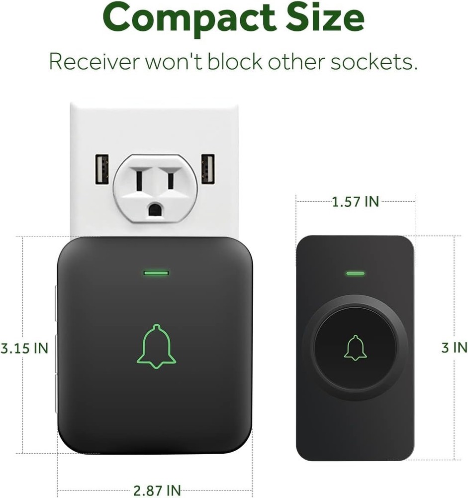 Compact Wireless Doorbell - 1000 ft Coverage, 5 Volume Levels, and Flash Alerts