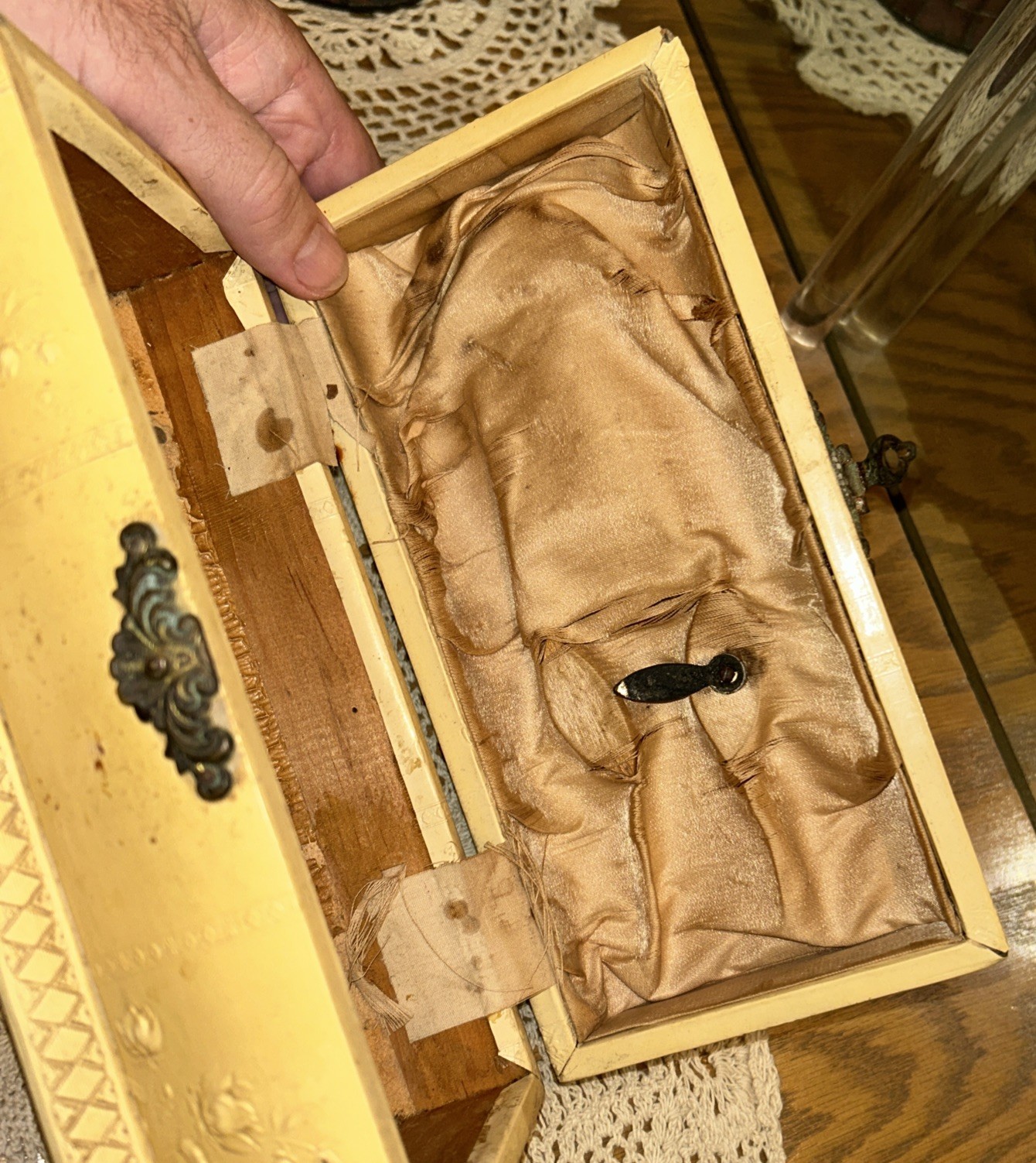 Antique Jewelry Box Engraved Angel Celluloid Wrapped Wood 9x 3.75 Oval Quite Old