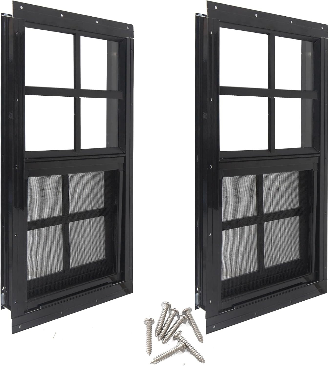 2 Pack 12x18 Shed Windows Aluminum Frame Tempered Glass Fiberglass Screen Black