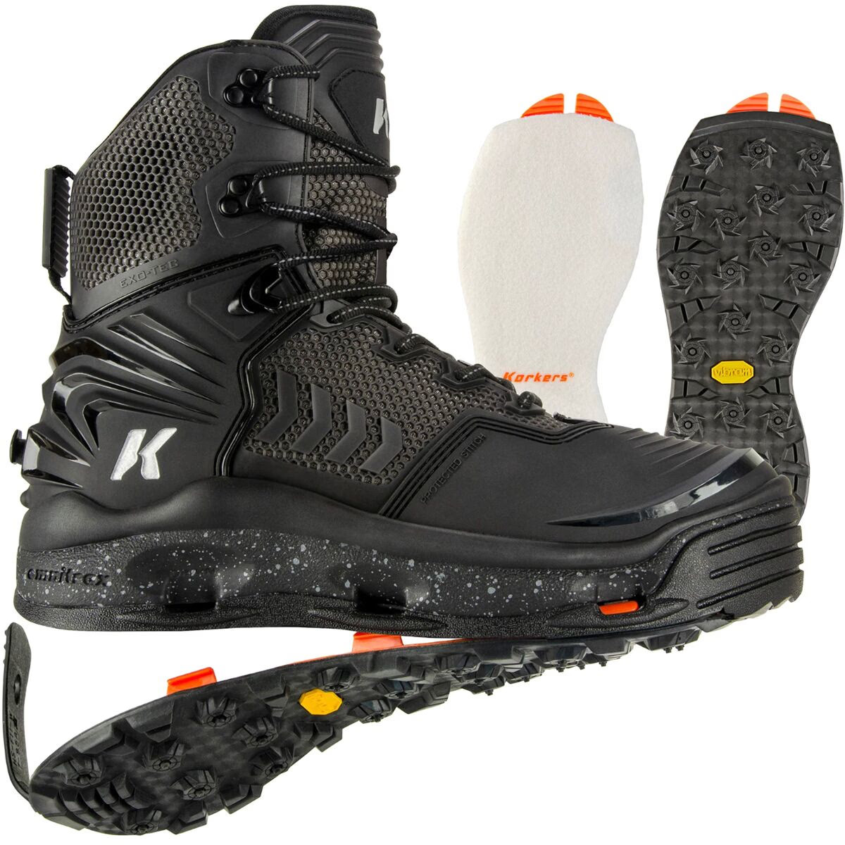 KORKERS River Ops w/Vibram & Studded Vibram Soles, Color: Black/Cool Grey, 15