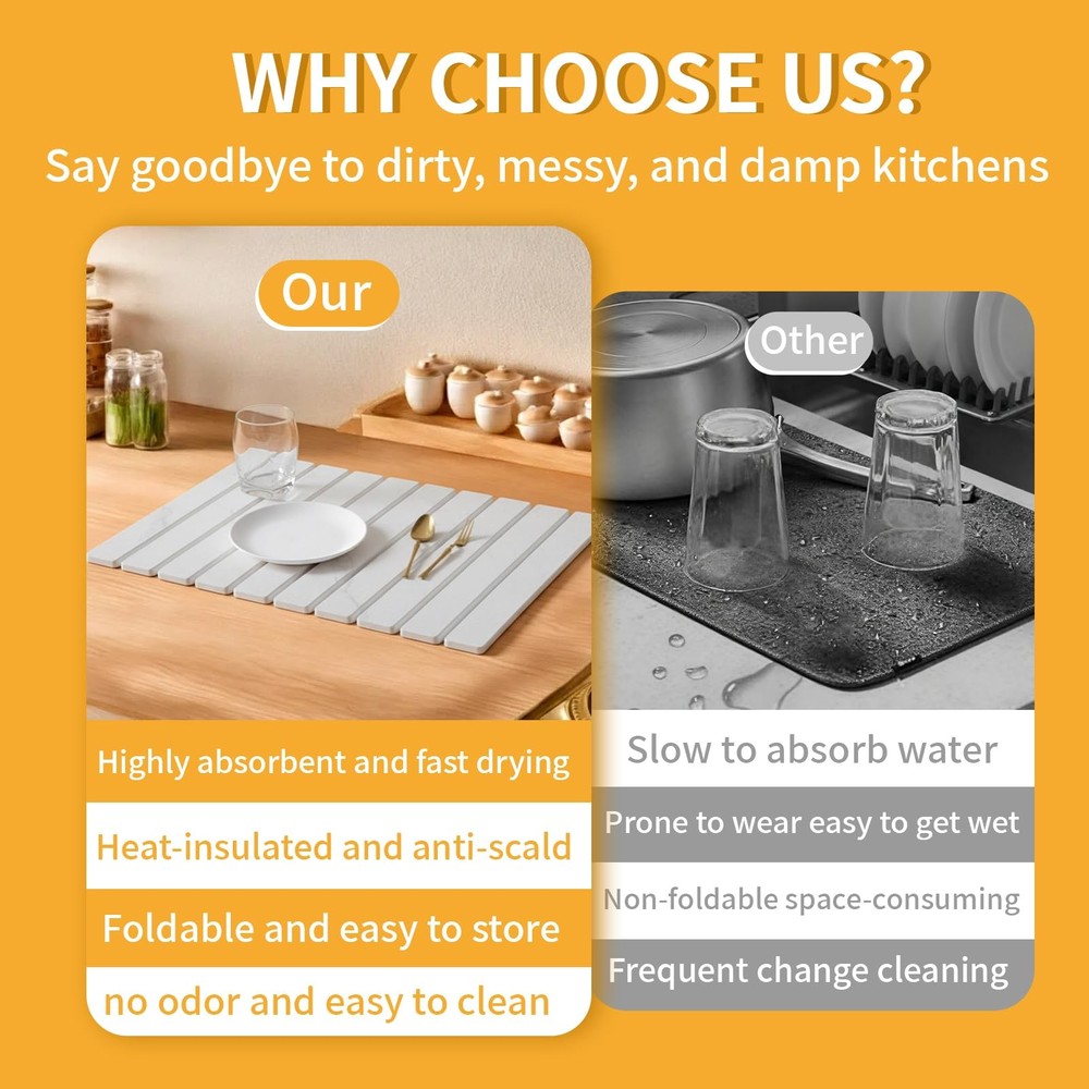 Stone Dish Drying Mat for Kitchen Counter, 24"×16" Foldable Stone Drying Mats...