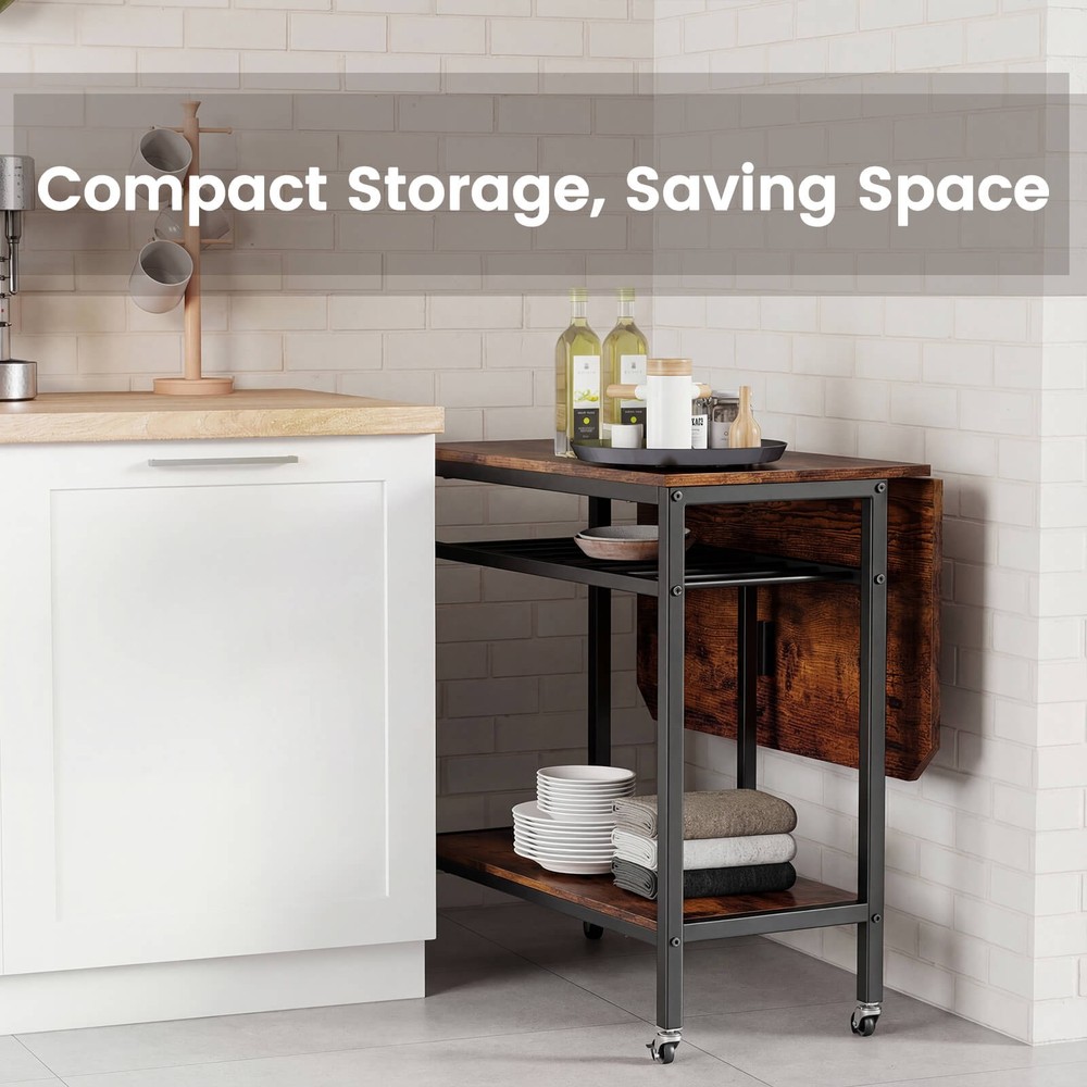 Folding Dining Table Movable Kitchen Table with Wine Rack Storage Shelf & Wheels