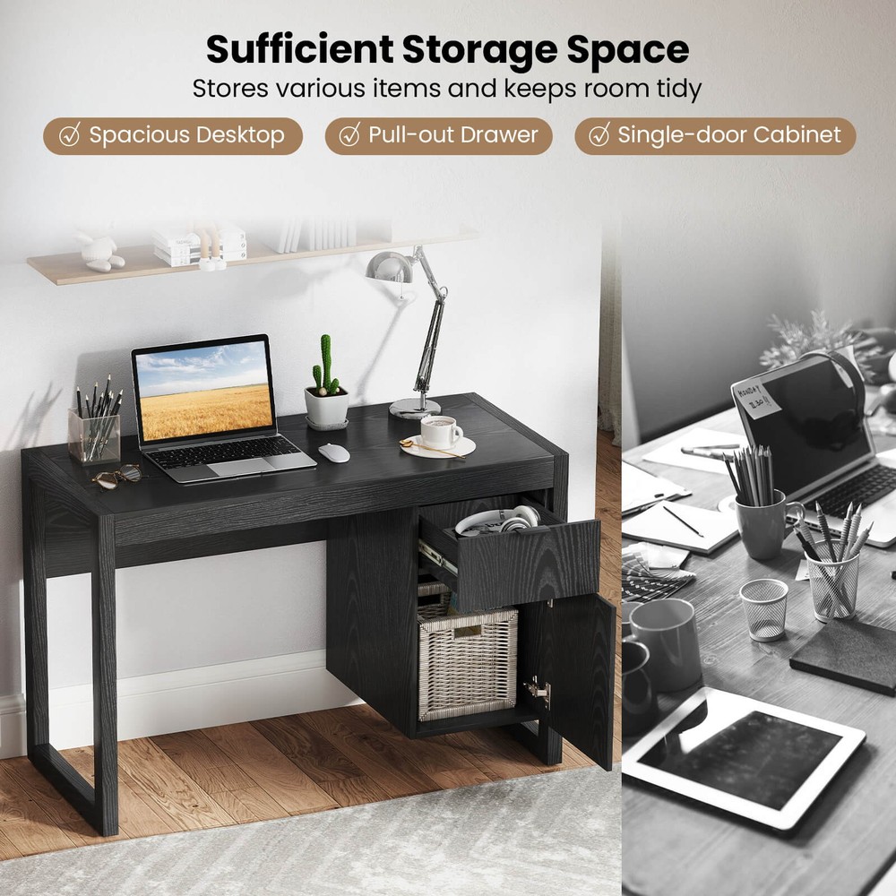 Computer Desk w/ Storage Cabinet Pull-out Drawer Stable Thick Legs for Bedroom