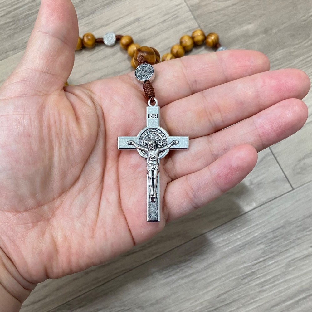 Saint St Benedict Wooden Rosary & Pouch Prayer Beads Crucifix Rosario San Benito