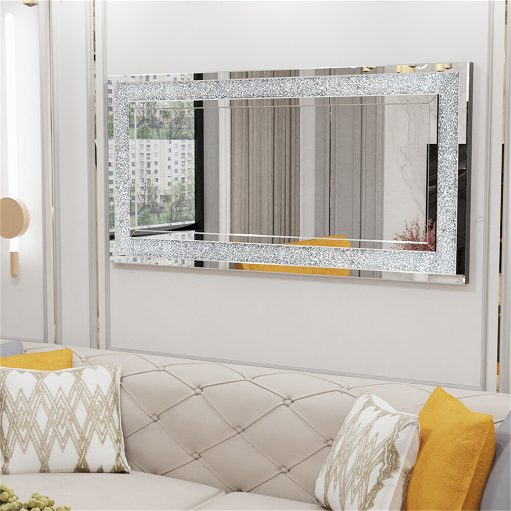 Large Crystal Crush Diamond Rectangle Silver Mirror Wall Hang Frameless Mirror