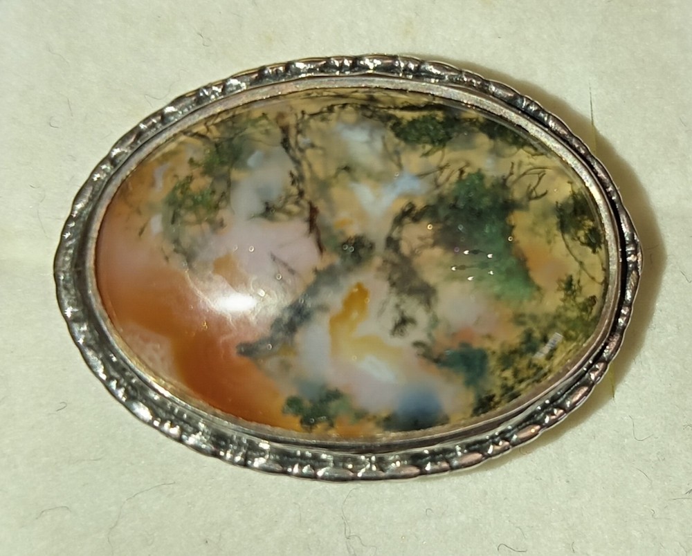 Vintage Silver & Moss Agate Brooch