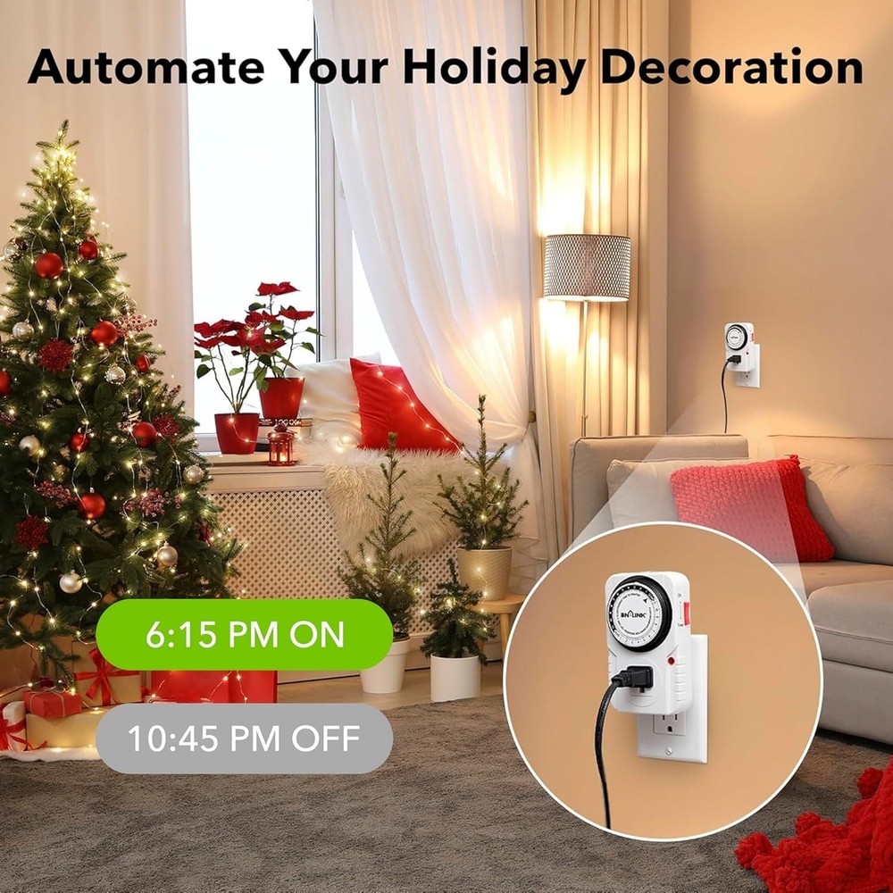 Grounded 24-Hour Plug-In Timer for Efficient Lighting & Appliance Automation