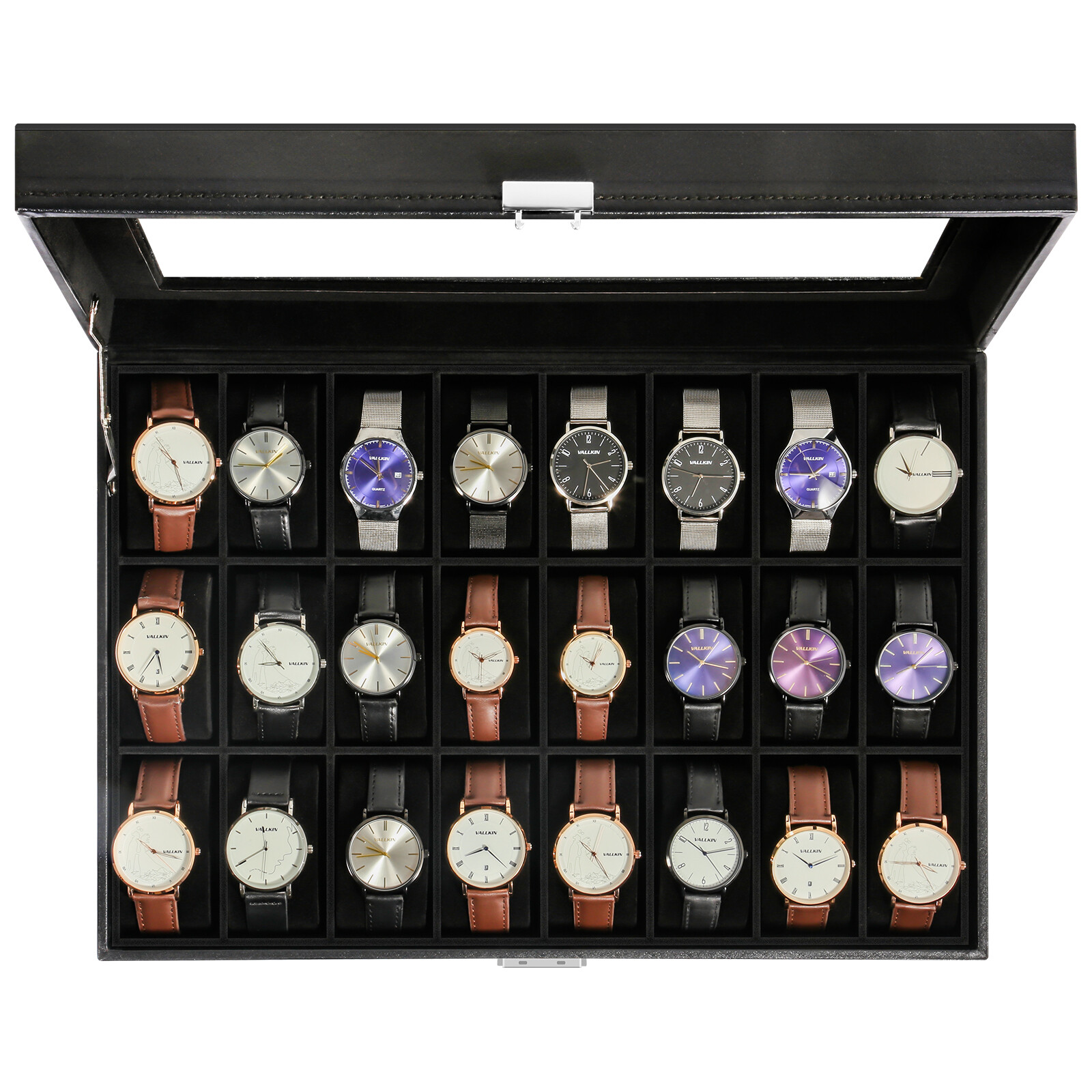 24 Slots Watch Case Box PU Leather Glass Lid Jewelry Organizer Display Case Gift