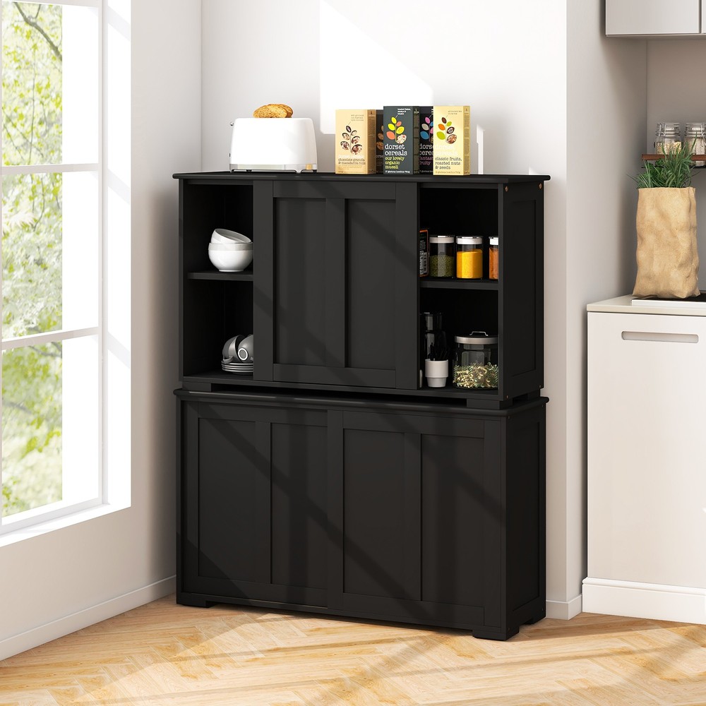 Stackable Buffet Sideboard Set of 2 w/ Sliding Doors & Adjustable Shelf Black