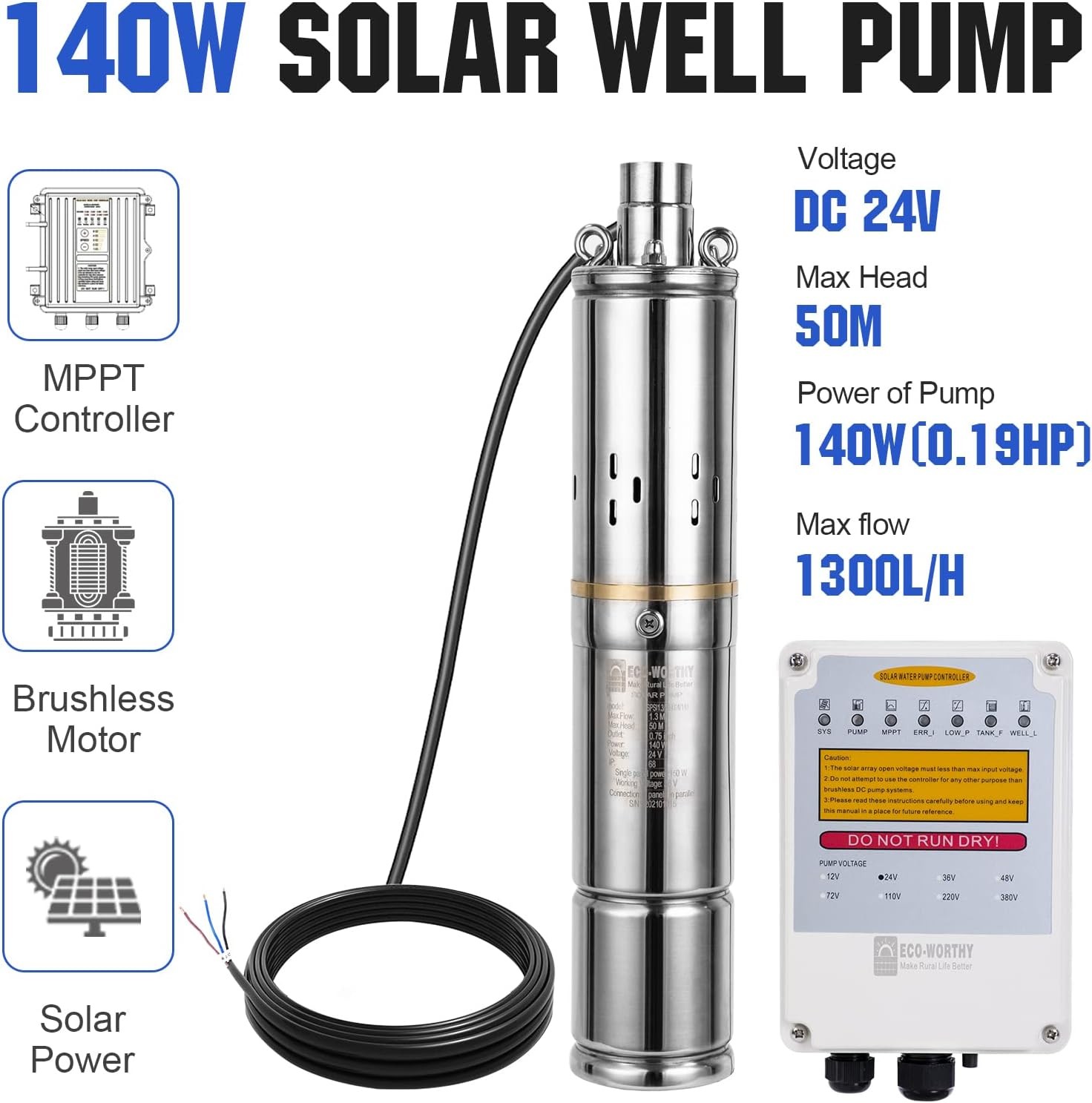 DC 400W 24V Solar Water Well Pump Kit with MPPT Controller 2 12V 100Ah Battery