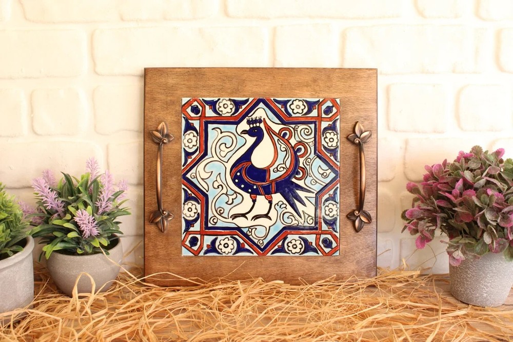 HANDMADE UNIQUE TILE PAINTED WOODEN SERVING TRAY WITH HANDLES – BOHO DECOR