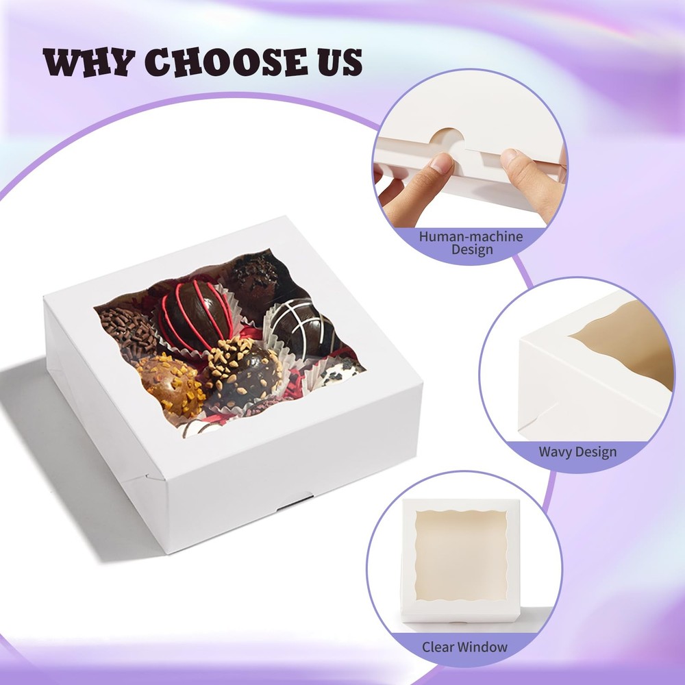 50pcs small bakery boxes 5x5x2 inches white candy cookie boxes with window tr...