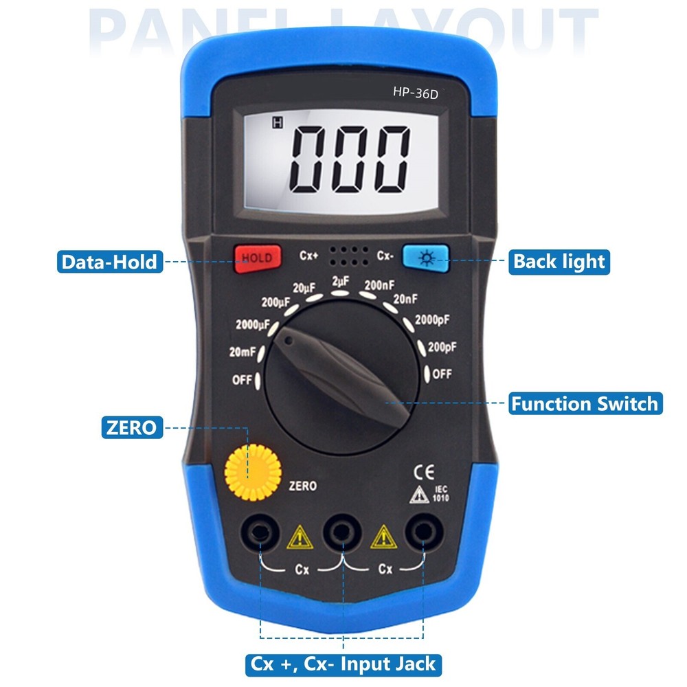 Digital Capacitance Meter Capacitor Tester 200pF-20mF Handheld Multimeter 2000C