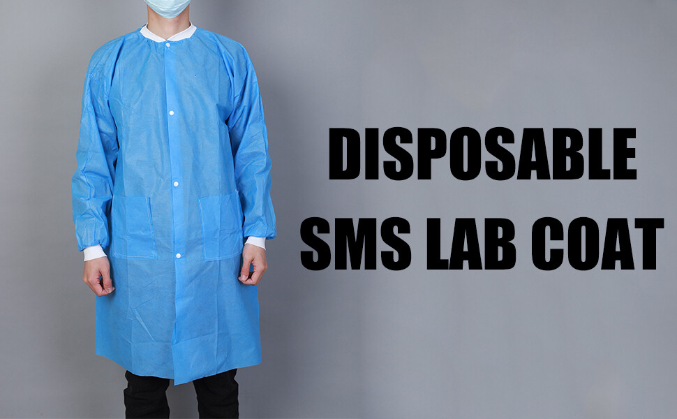 Pack of 10 Disposable Lab Coat Blue SMS with Pockets Adult Knitted Collar Cuffs