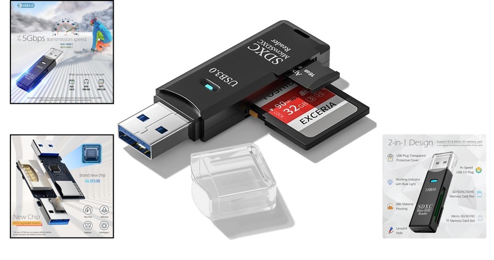 5Gbps Dual Slot Micro SD Card Reader - USB 3.0 Adapter for All Devices