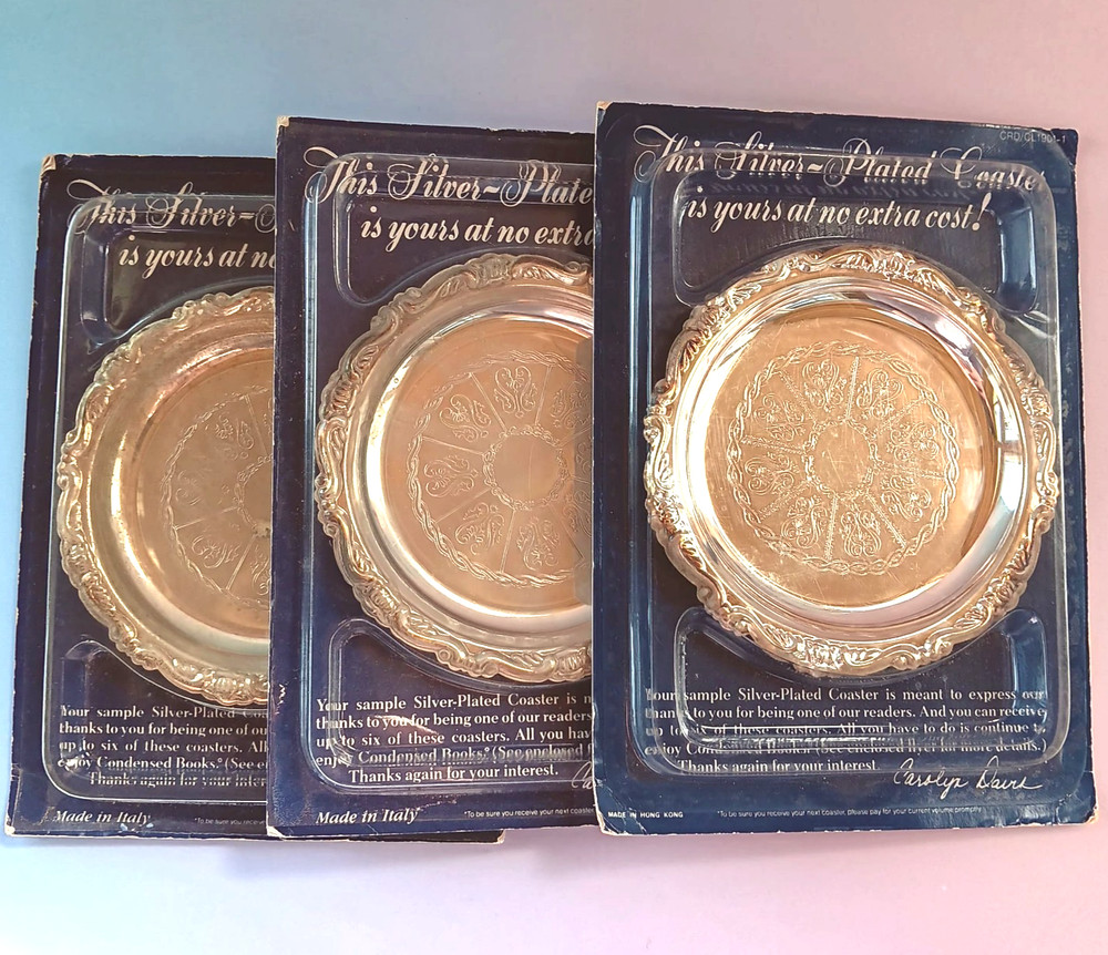3 Readers Digest Exclusive Silver Plated Coasters 1988 Made in Italy Sealed